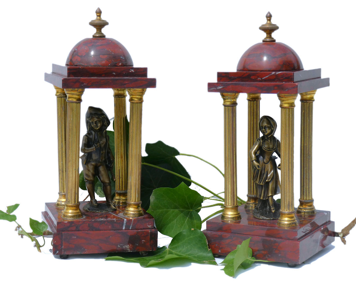 Pair Of Antique Temples, 18th Century Style, Red Marble & Gilt Bronze, 19th Century Tholos, Columns