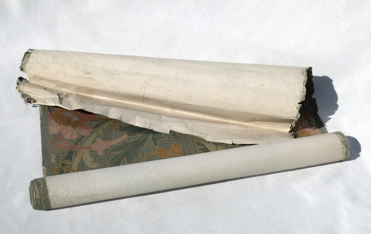 Rouleau De Papier Peint , Art Nouveau , XIXe , Lé , Fleurs & Dorure , 1900 , Arts Decoratifs-photo-3