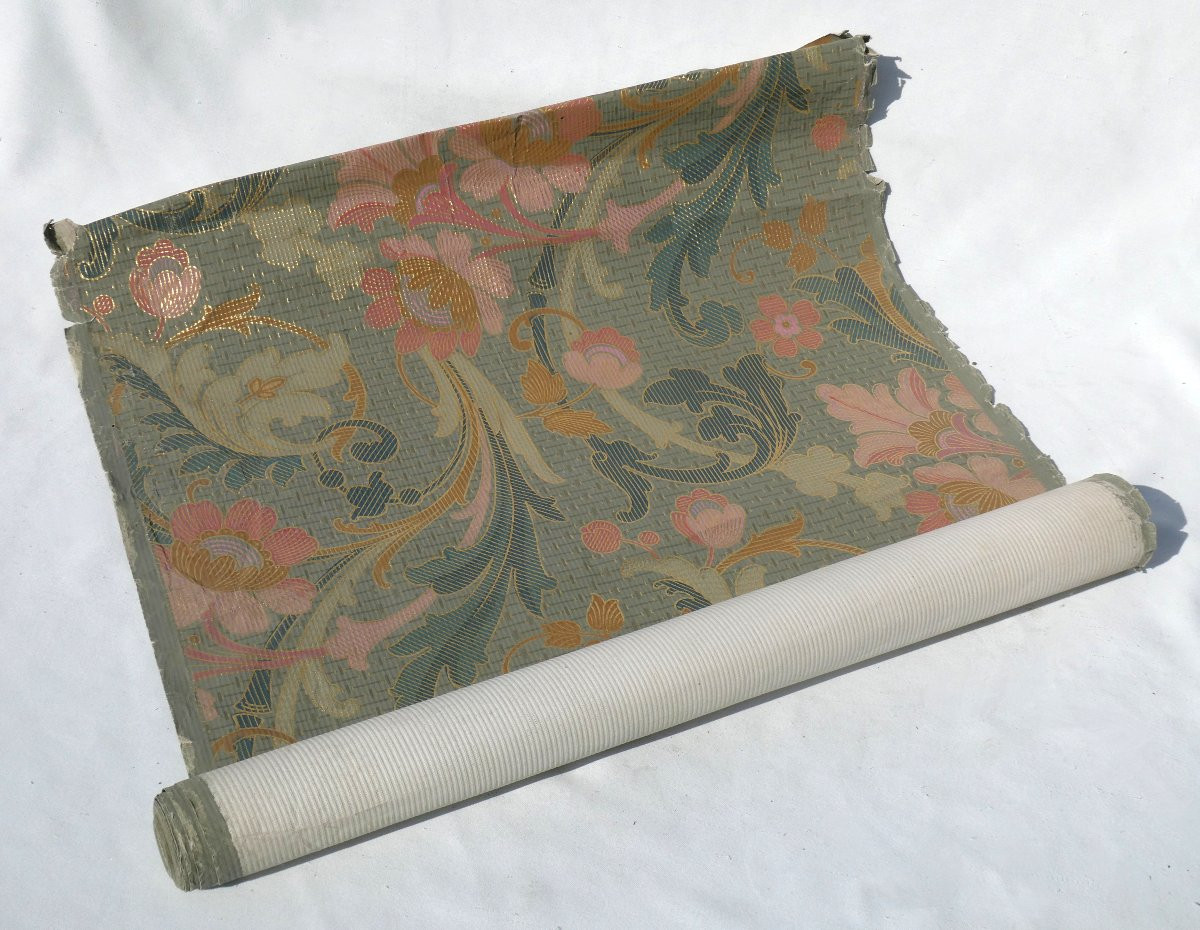 Rouleau De Papier Peint , Art Nouveau , XIXe , Lé , Fleurs & Dorure , 1900 , Arts Decoratifs-photo-4