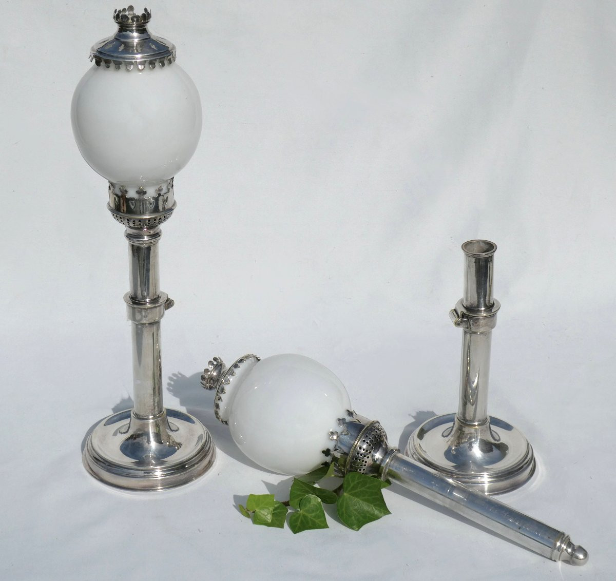 Pair Of Candlesticks / Candlesticks With System, 1900s Period, Silver-plated Metal, Opaline Globe, Tealight Holders-photo-2