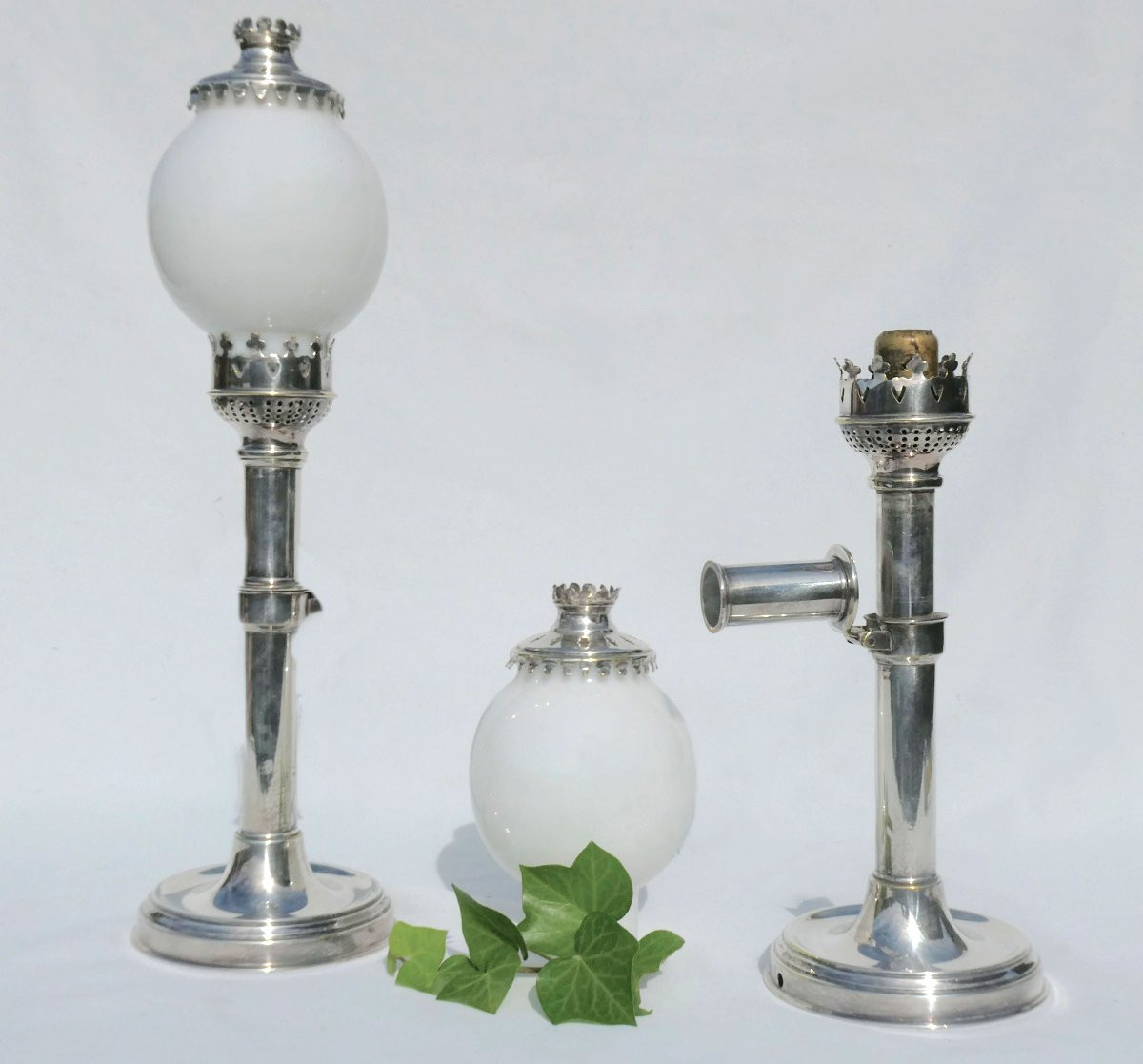 Pair Of Candlesticks / Candlesticks With System, 1900s Period, Silver-plated Metal, Opaline Globe, Tealight Holders-photo-4
