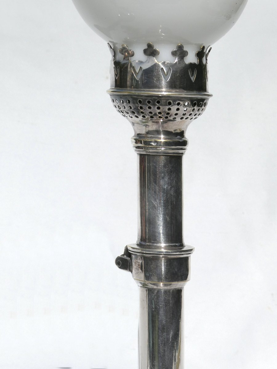 Pair Of Candlesticks / Candlesticks With System, 1900s Period, Silver-plated Metal, Opaline Globe, Tealight Holders-photo-3