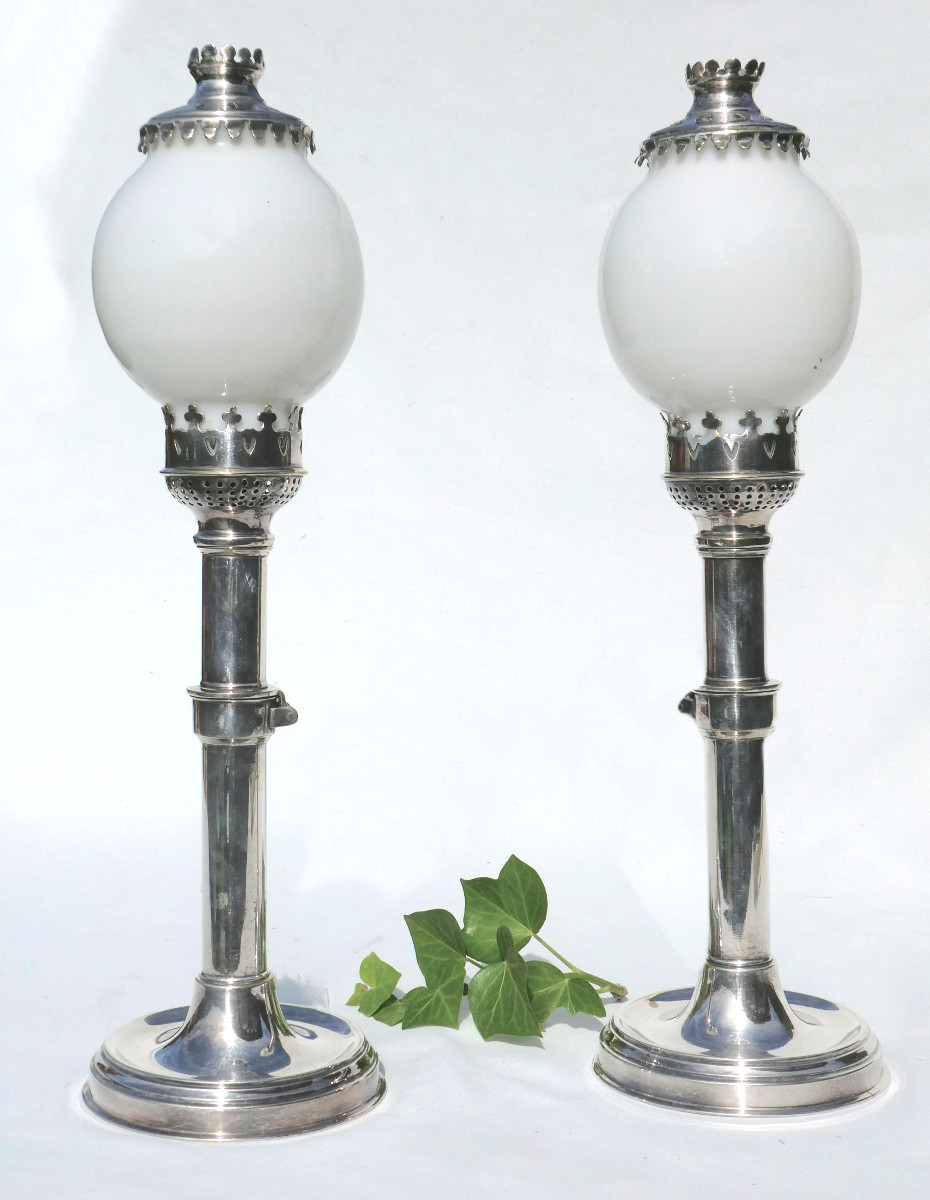 Pair Of Candlesticks / Candlesticks With System, 1900s Period, Silver-plated Metal, Opaline Globe, Tealight Holders