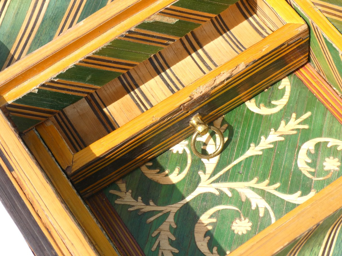 Boite A Couture En Marqueterie De Paille , Decor De Voilier , Marine Style XVIIIE Siecle-photo-6