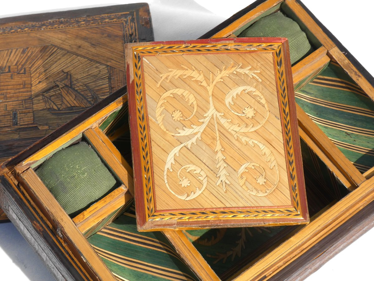 Boite A Couture En Marqueterie De Paille , Decor De Voilier , Marine Style XVIIIE Siecle-photo-7