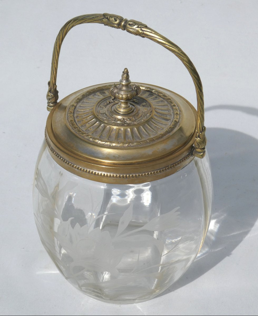 Seau à Biscuits Style Art Nouveau , Decor De Fleurs Gravées , Monture WMF , 1900 , Pot -photo-4