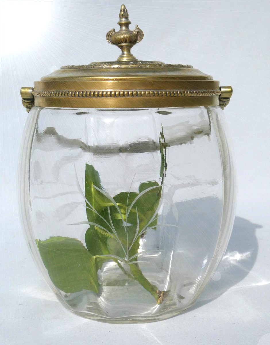 Seau à Biscuits Style Art Nouveau , Decor De Fleurs Gravées , Monture WMF , 1900 , Pot -photo-3