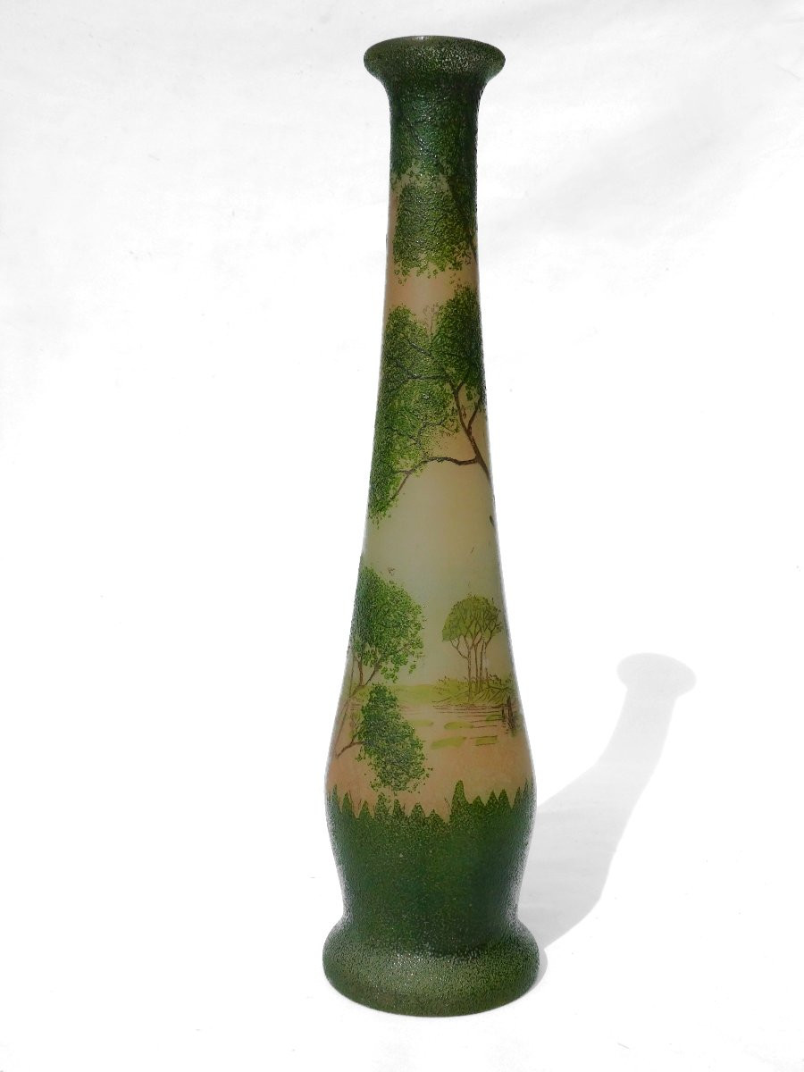 Grand Vase Soliflore En Verre émaillé , Decor Lacustre , Theodore Legras , XIXe , Voiliers-photo-1