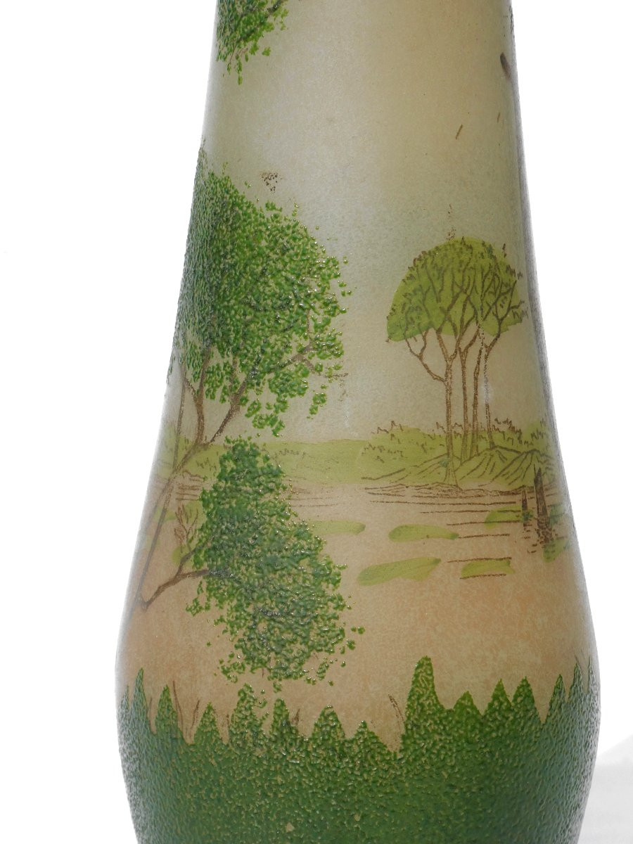 Grand Vase Soliflore En Verre émaillé , Decor Lacustre , Theodore Legras , XIXe , Voiliers-photo-2