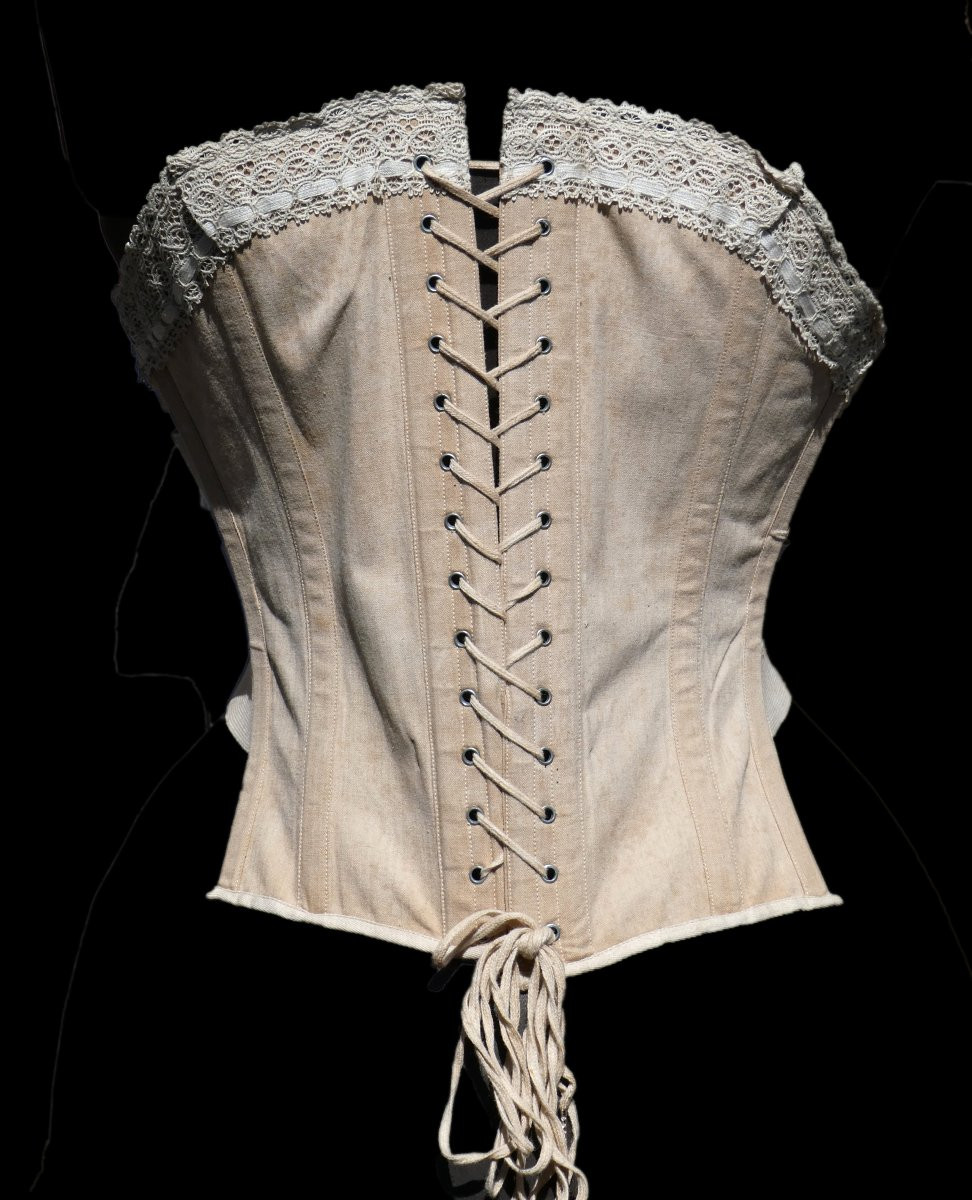 CORSET DE JOUR EPOQUE 1870 , LINGERIE XIXE , COTON / DENTELLE , SOUS VETEMENT , COSTUME-photo-2