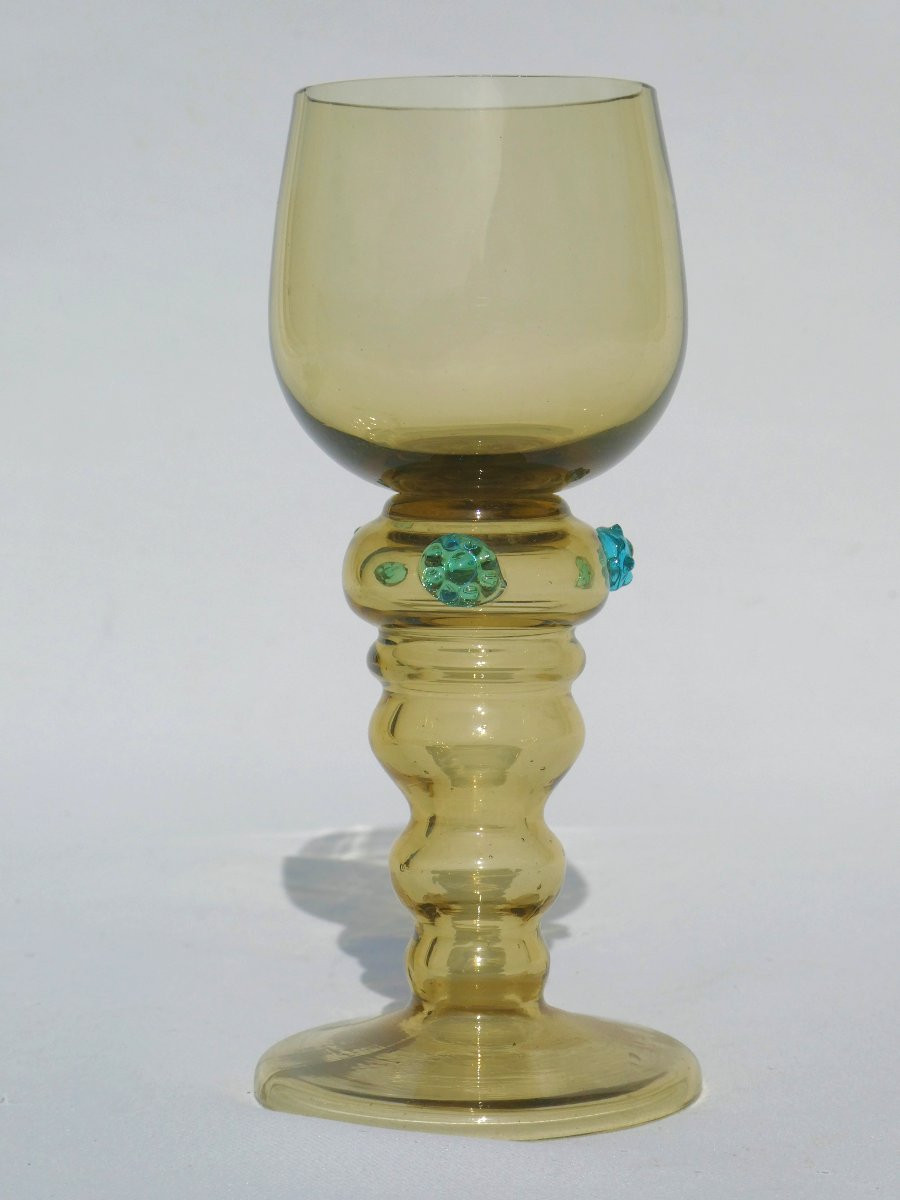 Set Of 12 White Wine Glasses, Roemer, Gothic Style, Blown Glass, 1900, Rhine Wine-photo-3
