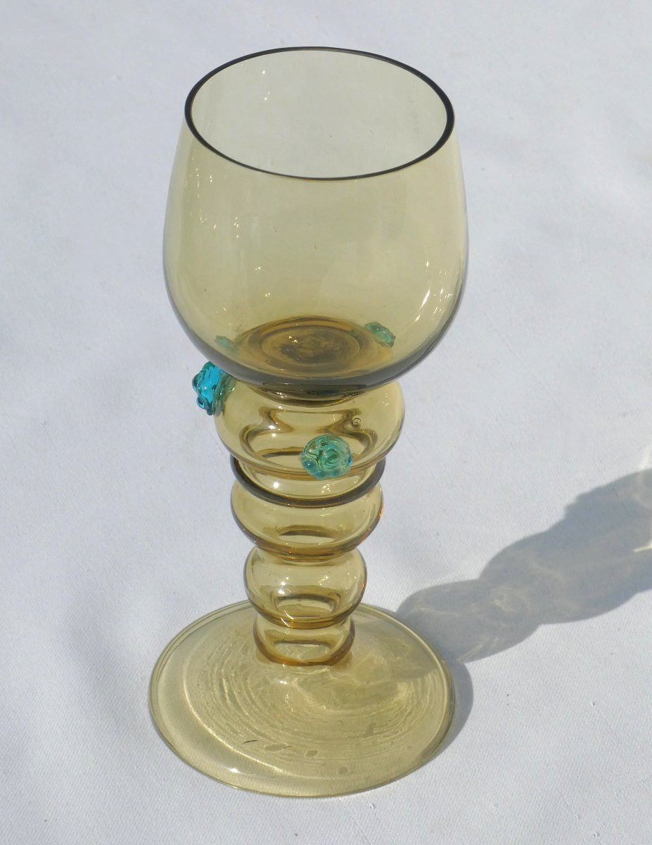 Set Of 12 White Wine Glasses, Roemer, Gothic Style, Blown Glass, 1900, Rhine Wine-photo-3
