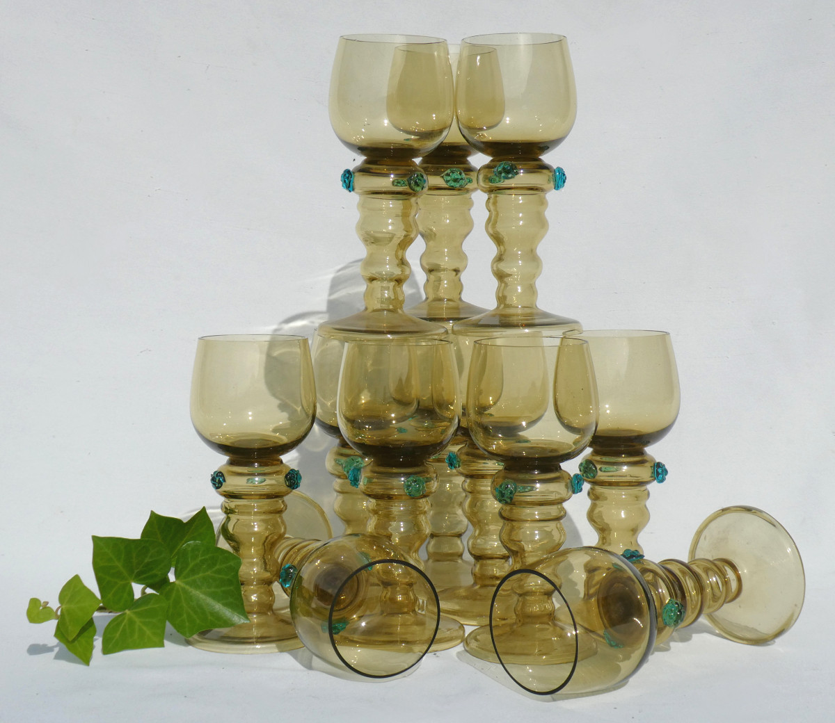 Set Of 12 White Wine Glasses, Roemer, Gothic Style, Blown Glass, 1900, Rhine Wine