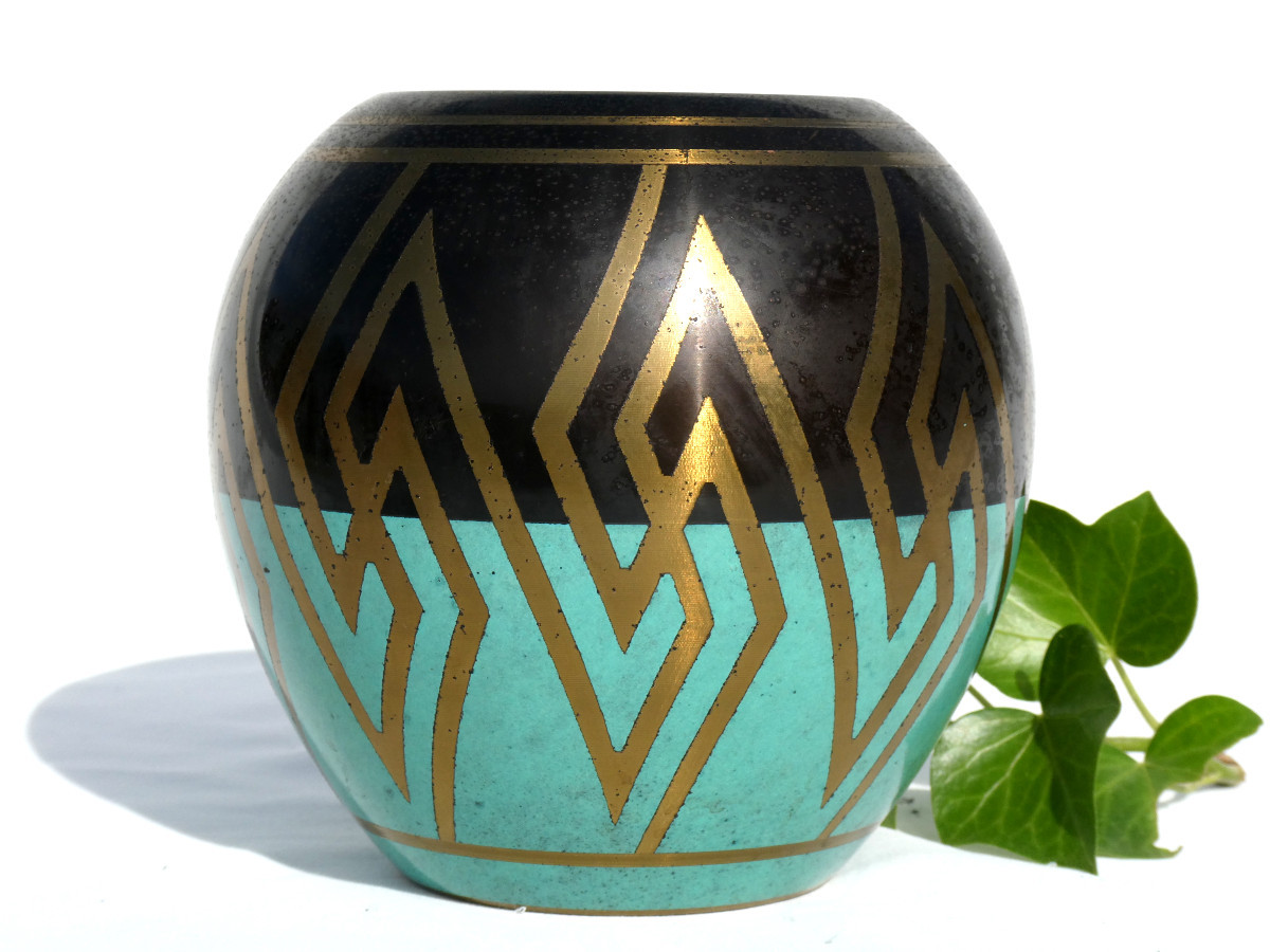 1920s Ball Vase, Art Deco, Geometric Decor, Wmf Austria Vienna Dinanderie, Metal