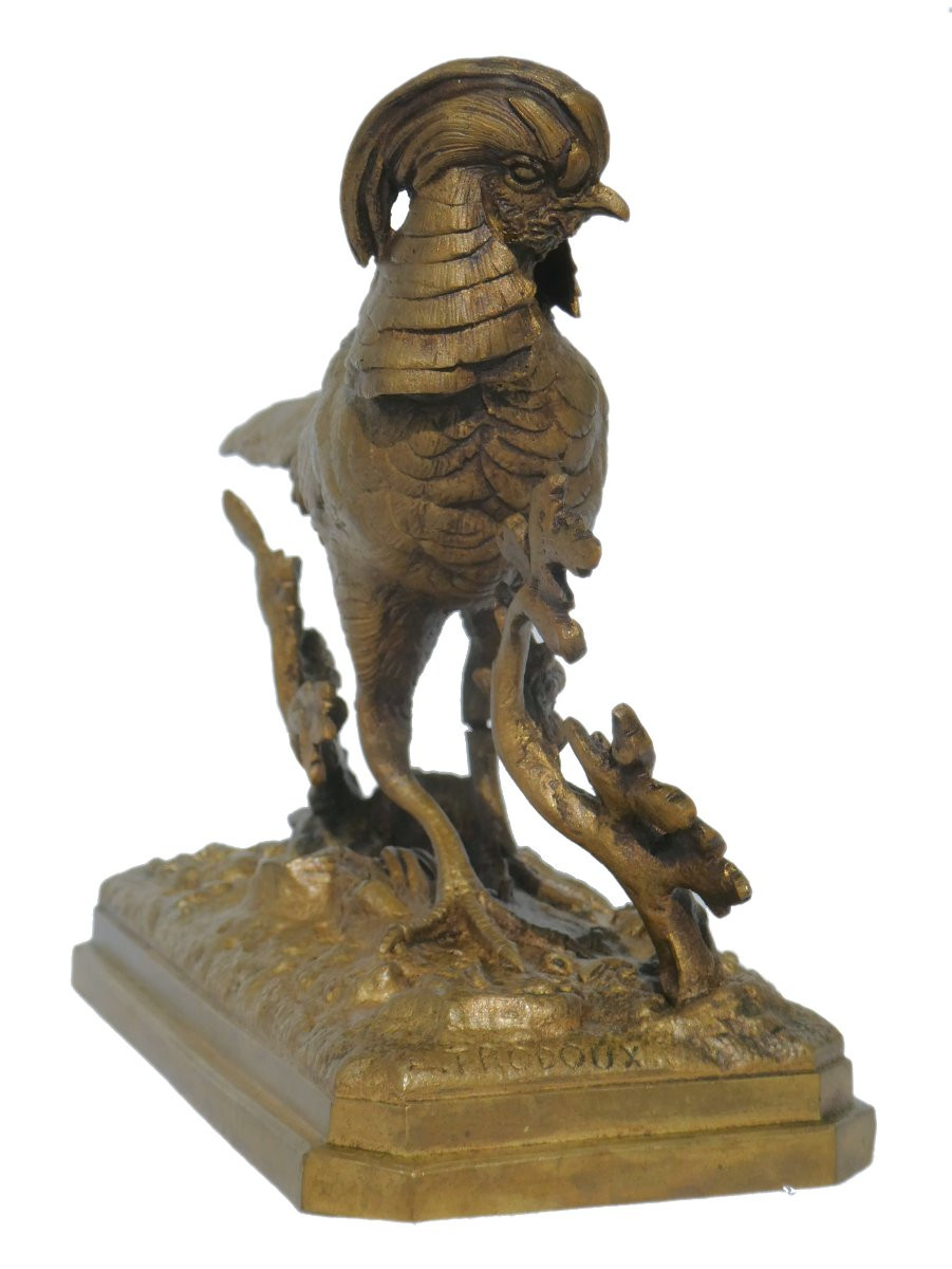 Animal Sculpture, Pheasant, Signed Henri Emile Adrien Trodoux, Bronze Patina-photo-2