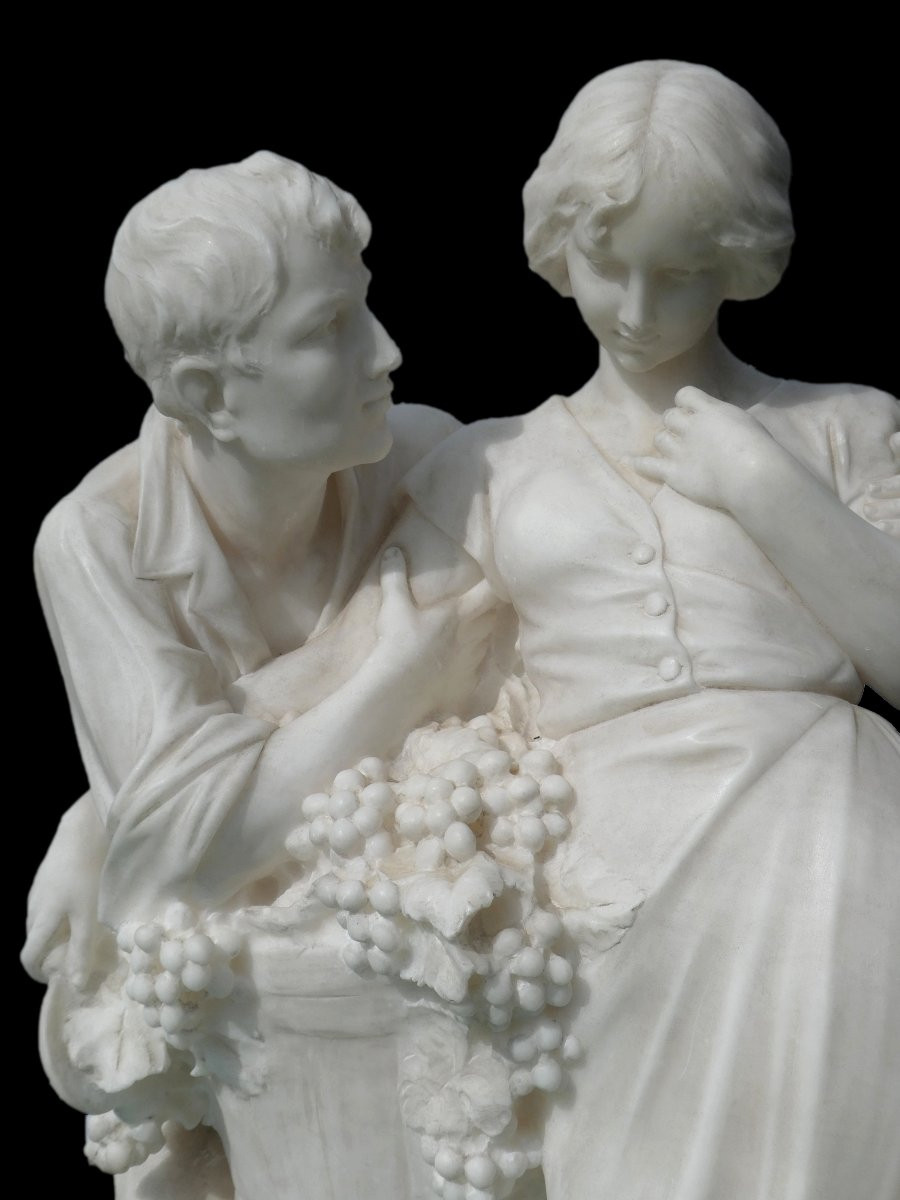 Large Alabaster Sculpture Signed Giuseppe Gambogi, The Happy Harvest, Loving Couple-photo-2