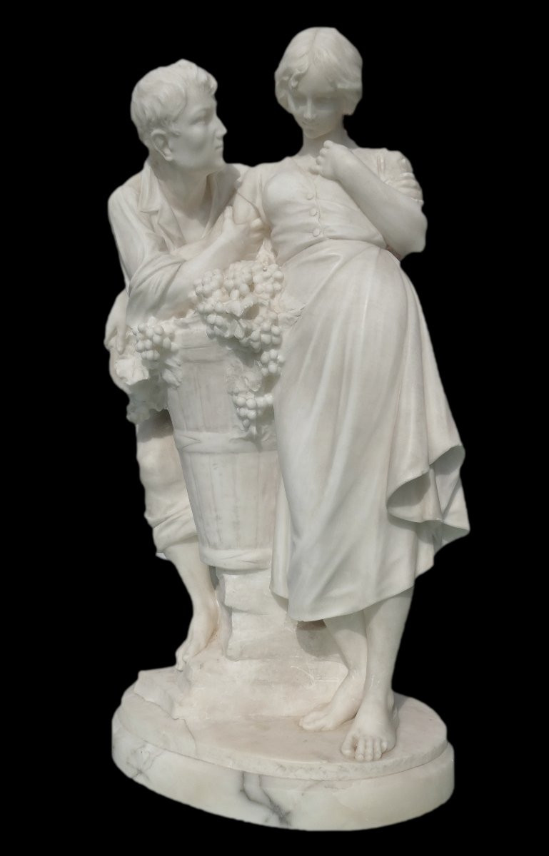 Large Alabaster Sculpture Signed Giuseppe Gambogi, The Happy Harvest, Loving Couple-photo-3