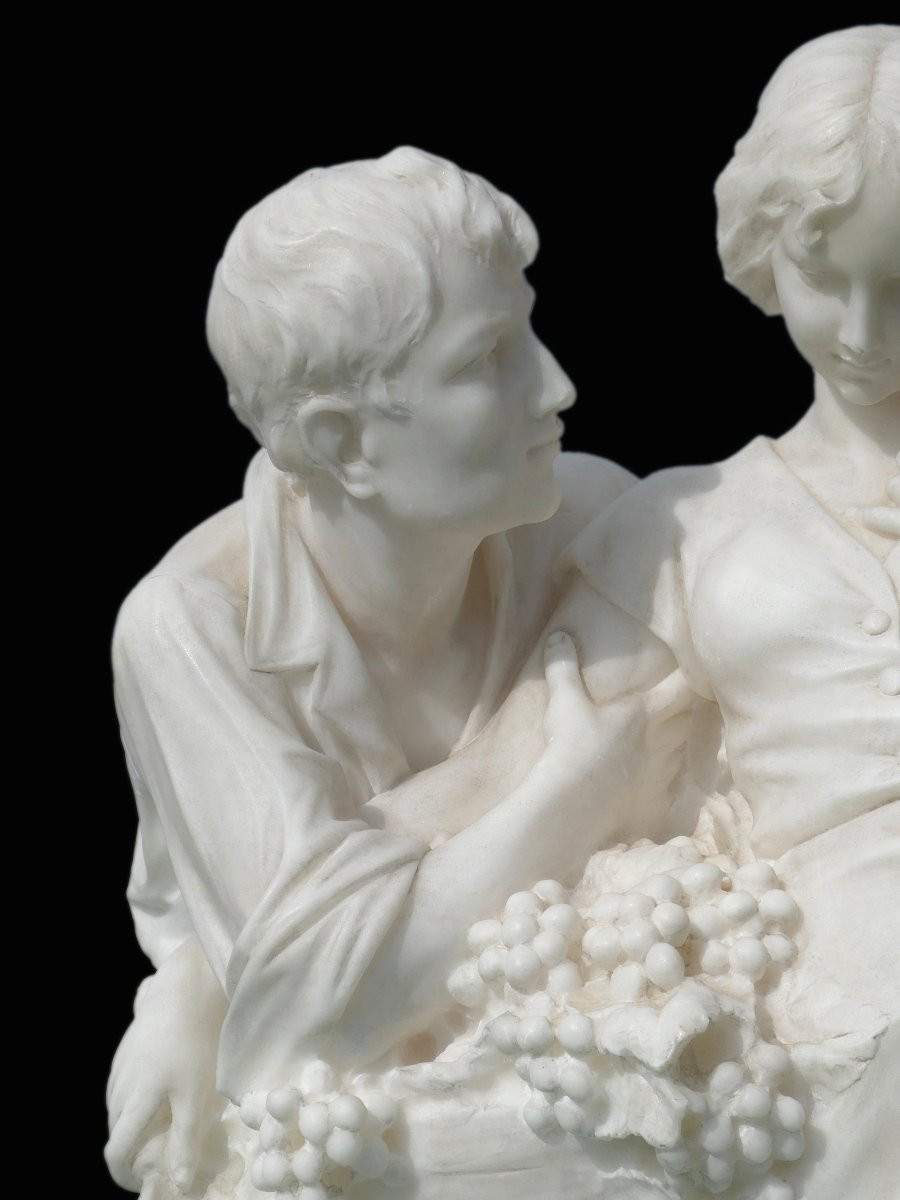 Large Alabaster Sculpture Signed Giuseppe Gambogi, The Happy Harvest, Loving Couple-photo-1
