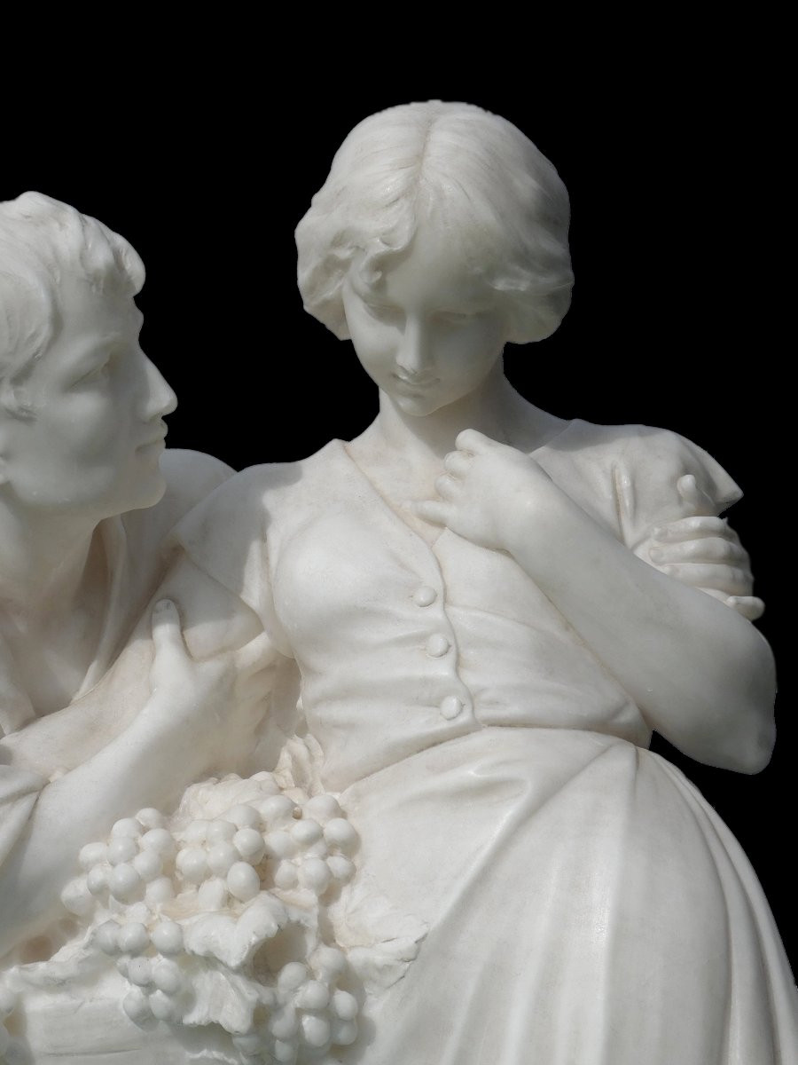 Large Alabaster Sculpture Signed Giuseppe Gambogi, The Happy Harvest, Loving Couple-photo-2