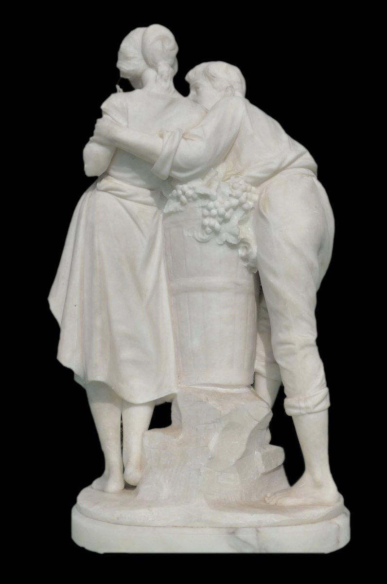 Large Alabaster Sculpture Signed Giuseppe Gambogi, The Happy Harvest, Loving Couple-photo-5