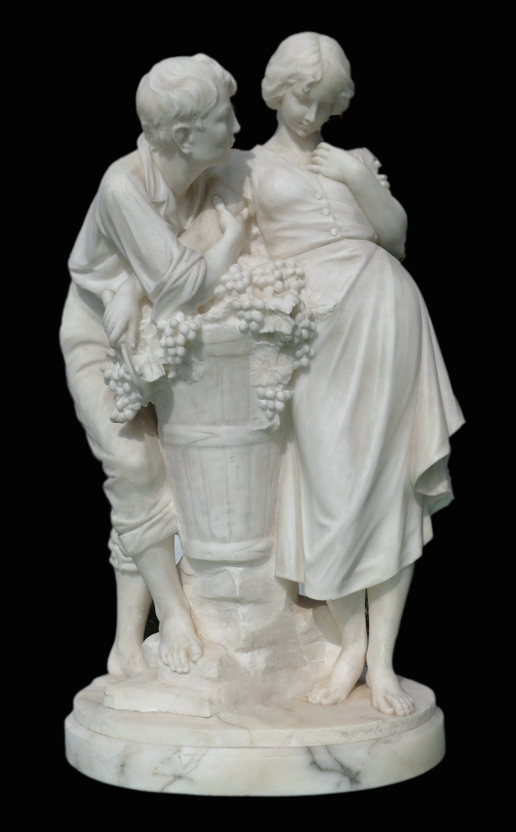 Large Alabaster Sculpture Signed Giuseppe Gambogi, The Happy Harvest, Loving Couple