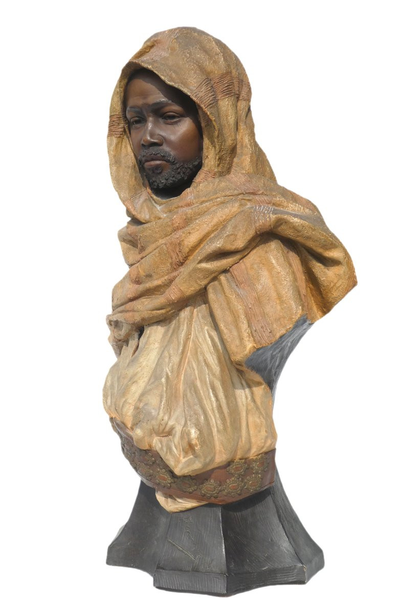 Orientalist Male Bust In Terracotta, Goldscheider, Signed Paul Prunier, 19th Century, Moroccan-photo-1