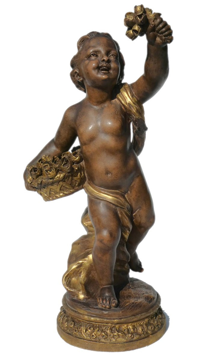 Sculpture En Terre Cuite Style Napoléon III , Chérubin / Putto Aux Fleurs XIXe Joseph d'Asté-photo-2