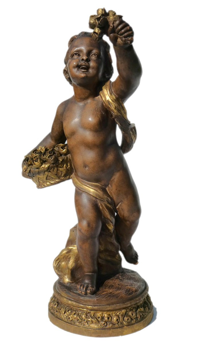 Sculpture En Terre Cuite Style Napoléon III , Chérubin / Putto Aux Fleurs XIXe Joseph d'Asté-photo-3