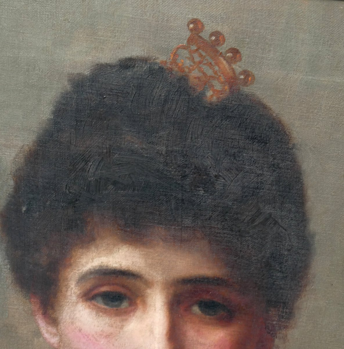 Oil On Canvas, Portrait Of A Young Woman 1890, 19th Century, Evening Dress, Annie Elizabeth Bowler-photo-3