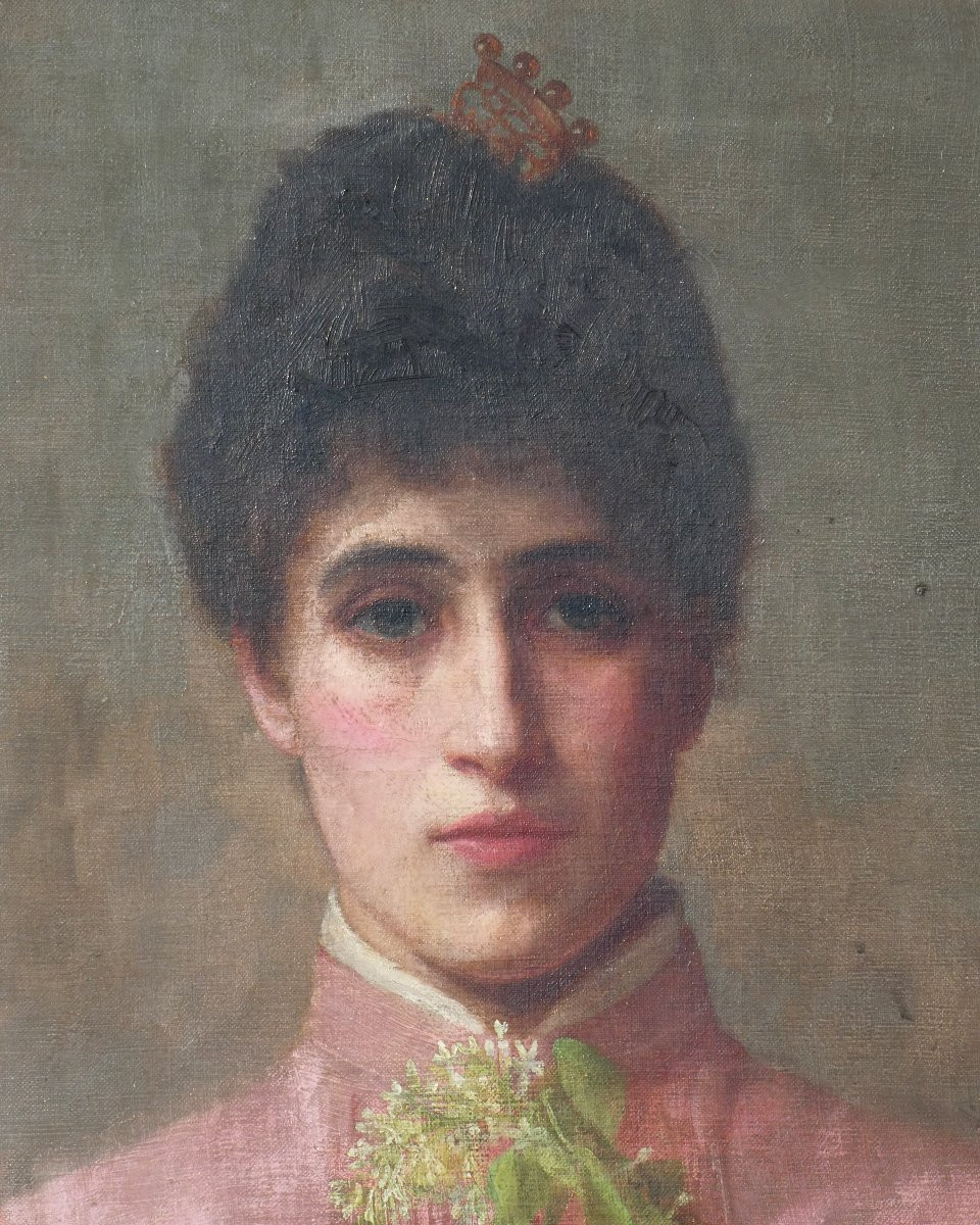 Oil On Canvas, Portrait Of A Young Woman 1890, 19th Century, Evening Dress, Annie Elizabeth Bowler-photo-4