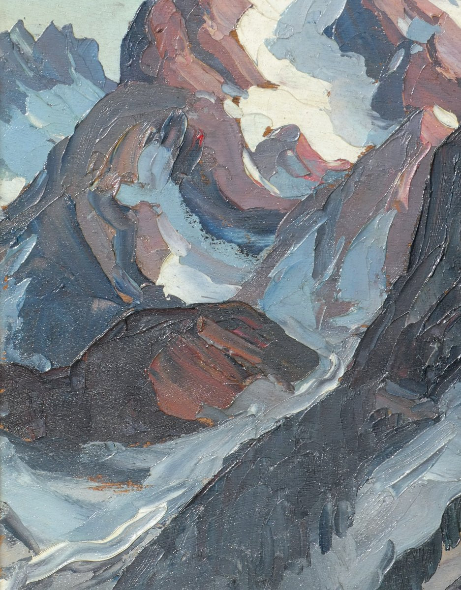 HUILE SUR PANNEAU , SIGNE LUCIEN POIGNANT , PAYSAGE MONTAGNEUX , Massif De La Vanoise ART DECO-photo-4