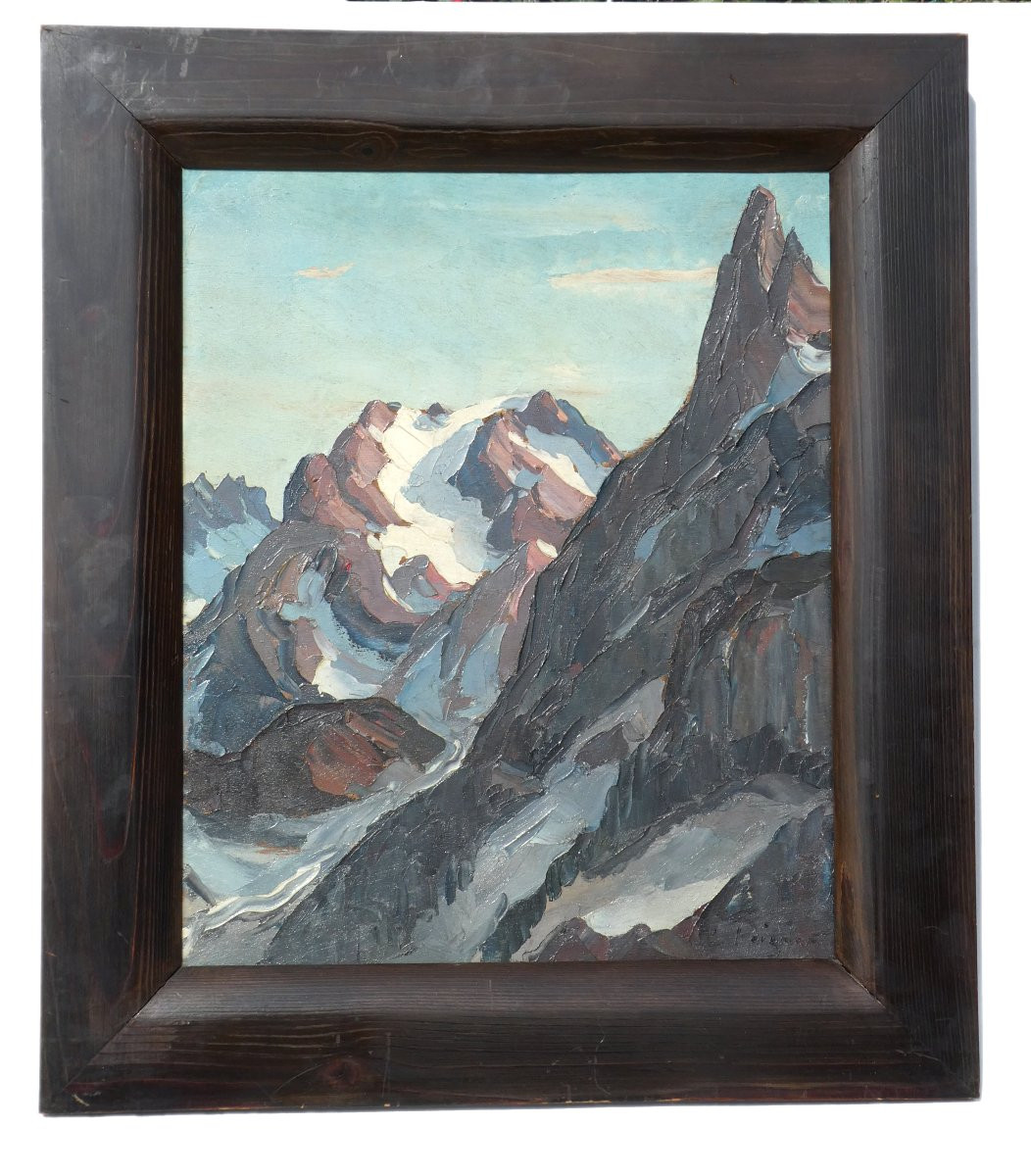 HUILE SUR PANNEAU , SIGNE LUCIEN POIGNANT , PAYSAGE MONTAGNEUX , Massif De La Vanoise ART DECO-photo-2