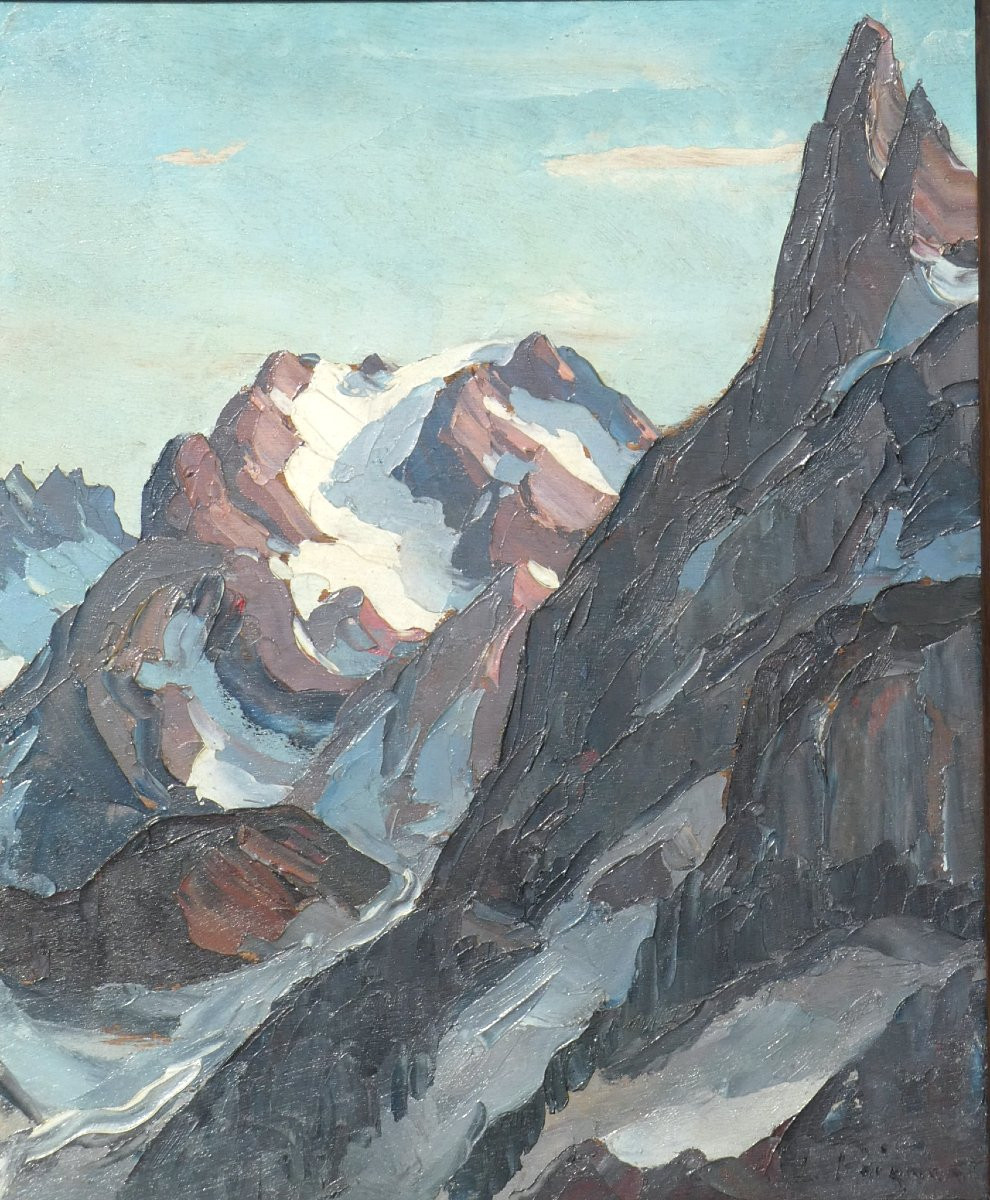 HUILE SUR PANNEAU , SIGNE LUCIEN POIGNANT , PAYSAGE MONTAGNEUX , Massif De La Vanoise ART DECO-photo-6