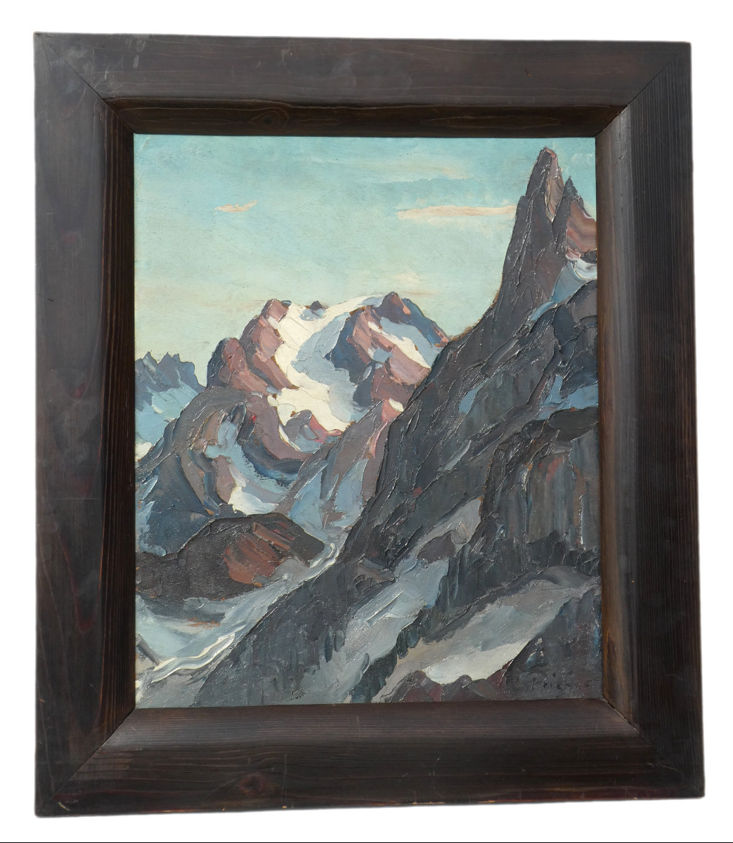 HUILE SUR PANNEAU , SIGNE LUCIEN POIGNANT , PAYSAGE MONTAGNEUX , Massif De La Vanoise ART DECO