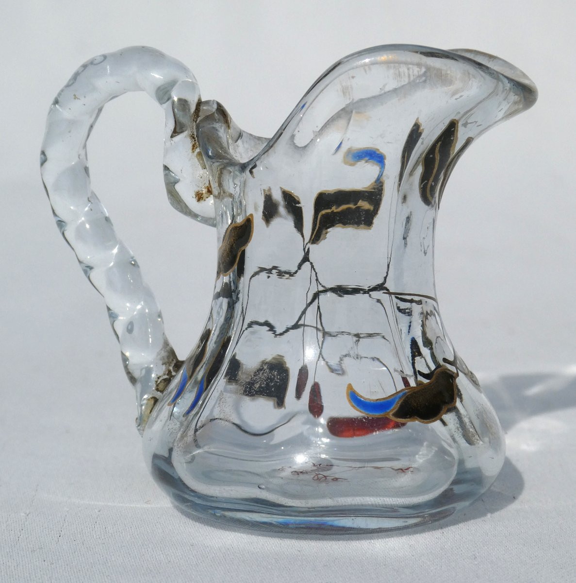 Miniature Creamer Signed Emile Gallé Enameled Glass 1890 Art Nouveau 19th Century, Cherry Wood, Pitcher-photo-3