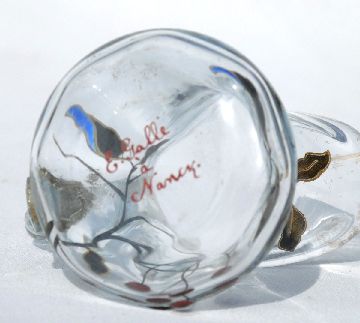 Miniature Creamer Signed Emile Gallé Enameled Glass 1890 Art Nouveau 19th Century, Cherry Wood, Pitcher-photo-4