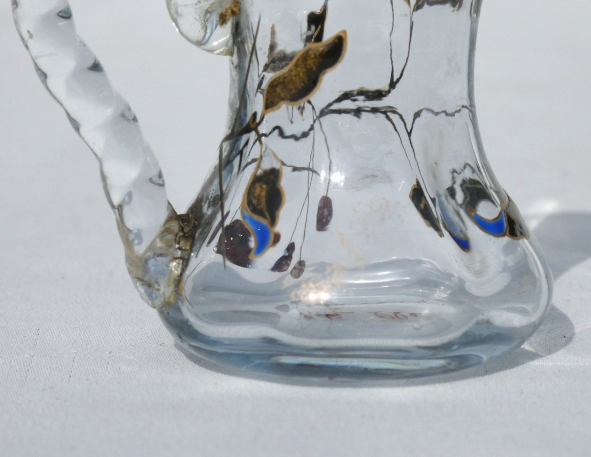 Miniature Creamer Signed Emile Gallé Enameled Glass 1890 Art Nouveau 19th Century, Cherry Wood, Pitcher-photo-1