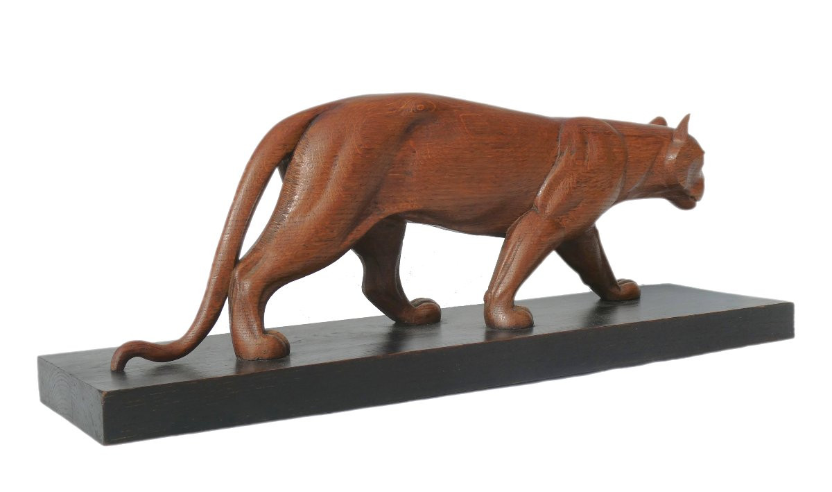 Art Deco Animal Sculpture, Carved Wooden Panther, 1920, Lucien Alliot Style -photo-2