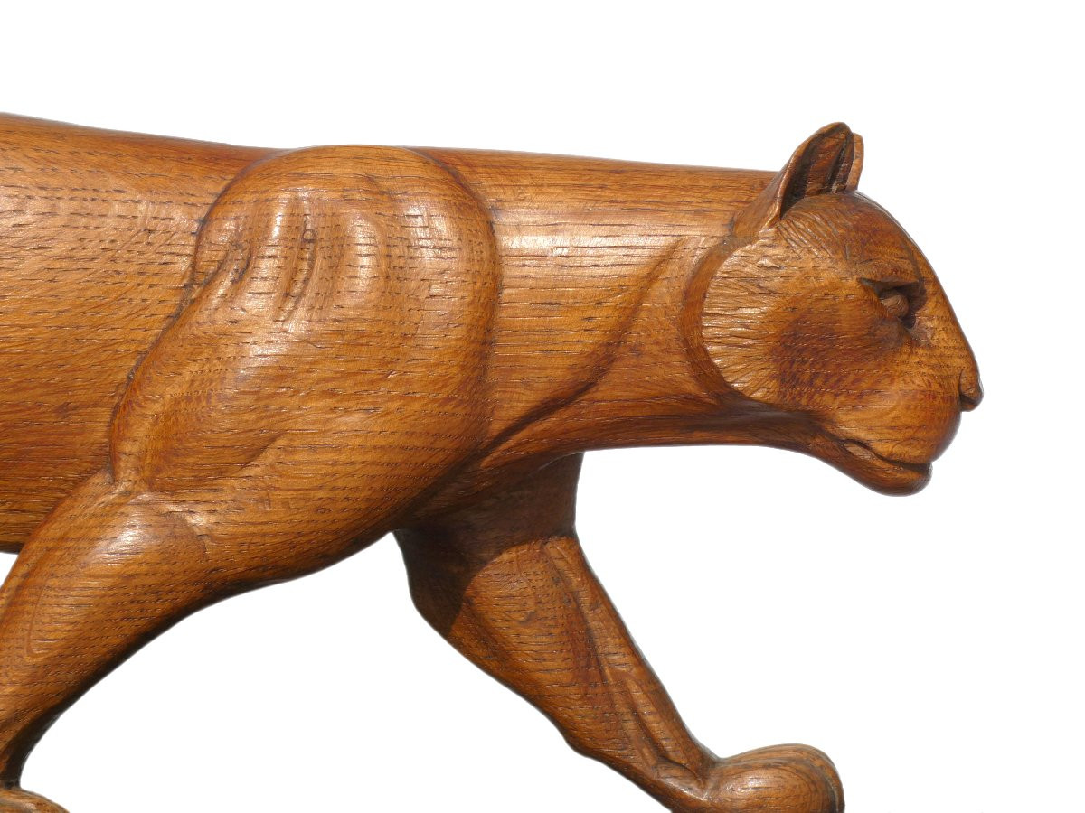Art Deco Animal Sculpture, Carved Wooden Panther, 1920, Lucien Alliot Style -photo-3