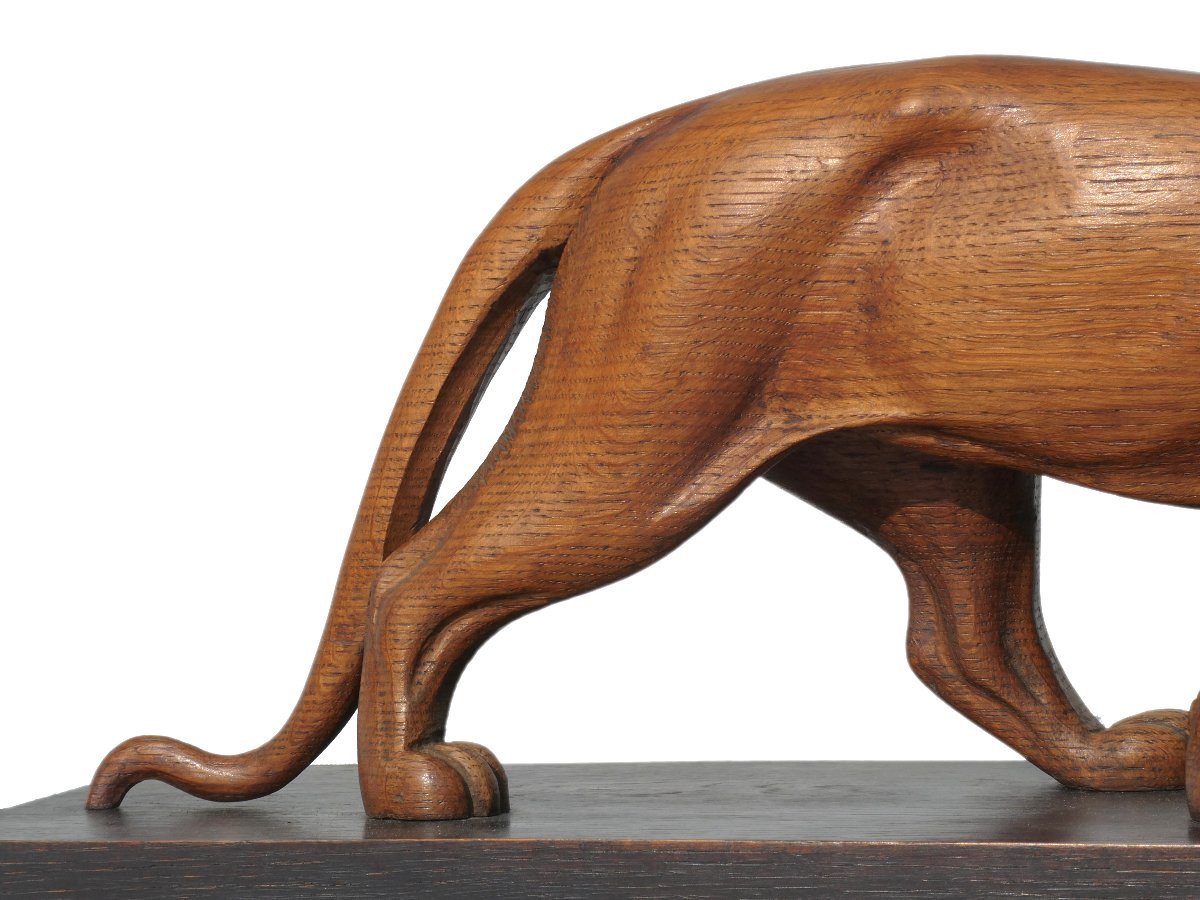 Art Deco Animal Sculpture, Carved Wooden Panther, 1920, Lucien Alliot Style -photo-4