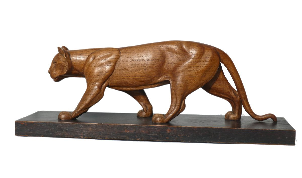 Art Deco Animal Sculpture, Carved Wooden Panther, 1920, Lucien Alliot Style -photo-1