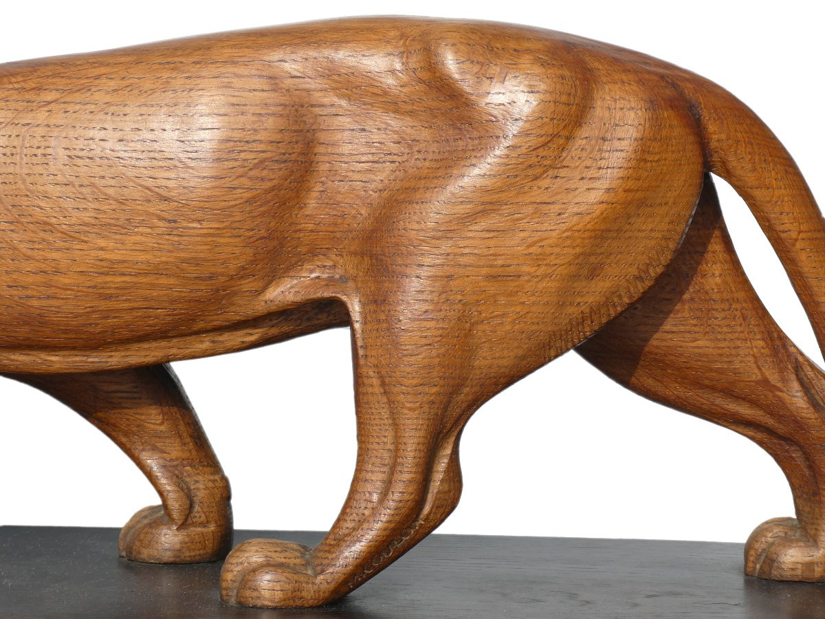 Art Deco Animal Sculpture, Carved Wooden Panther, 1920, Lucien Alliot Style -photo-3