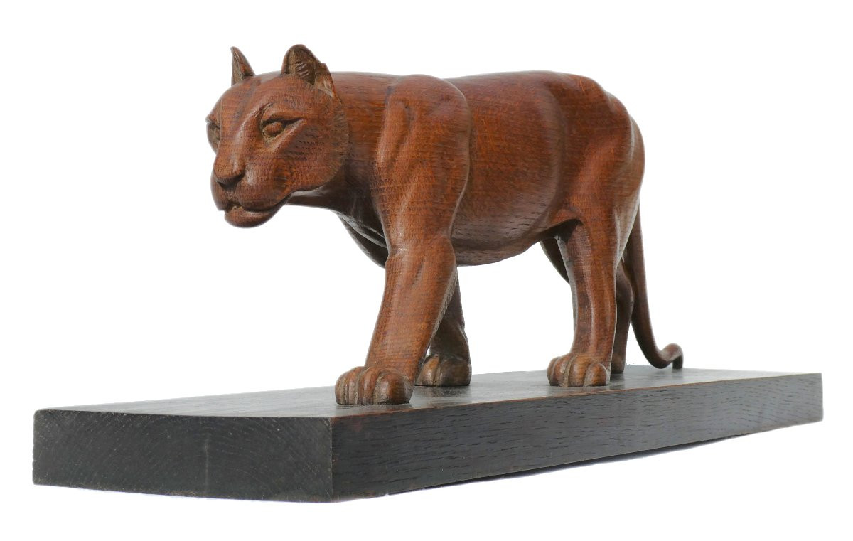 Art Deco Animal Sculpture, Carved Wooden Panther, 1920, Lucien Alliot Style -photo-6