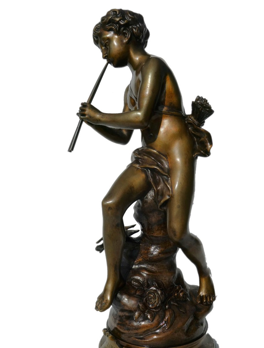 Bronze Charming Love By Kinsburger, 19th Century, Child With Flute, Napoleon III, Sculpture-photo-2
