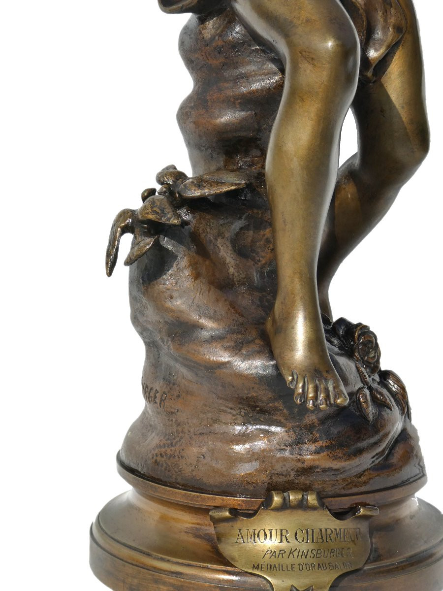 Bronze Charming Love By Kinsburger, 19th Century, Child With Flute, Napoleon III, Sculpture-photo-3