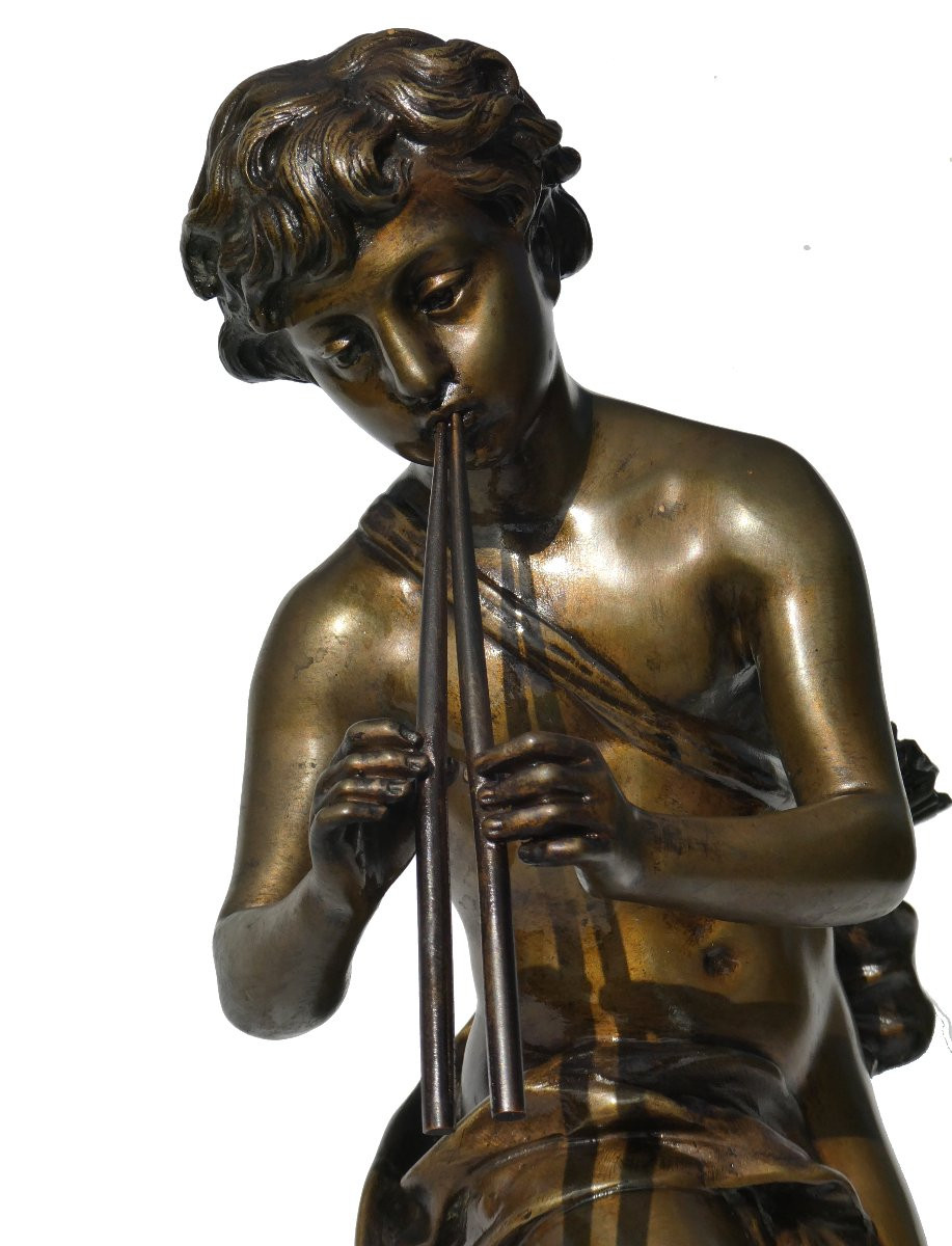 Bronze Charming Love By Kinsburger, 19th Century, Child With Flute, Napoleon III, Sculpture-photo-4