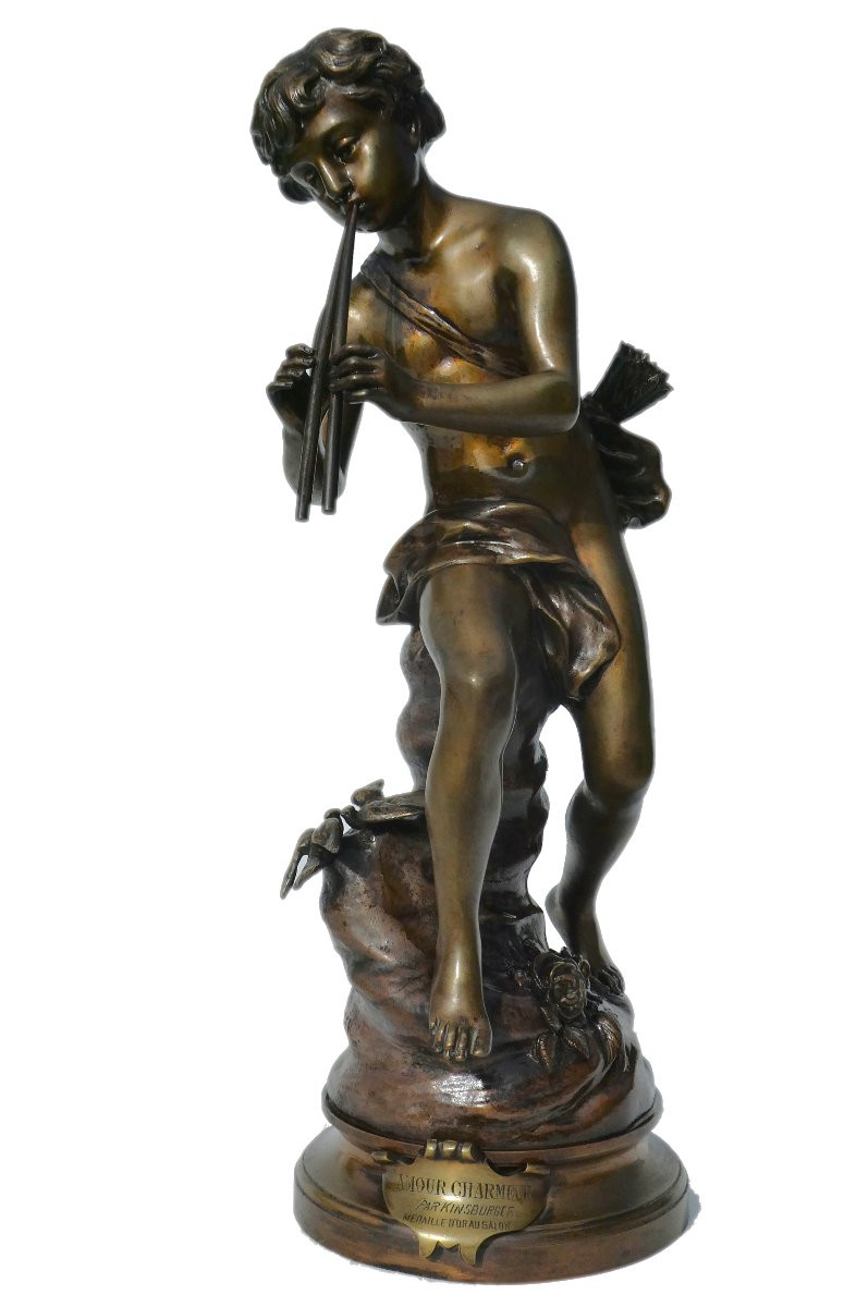 Bronze Charming Love By Kinsburger, 19th Century, Child With Flute, Napoleon III, Sculpture-photo-1