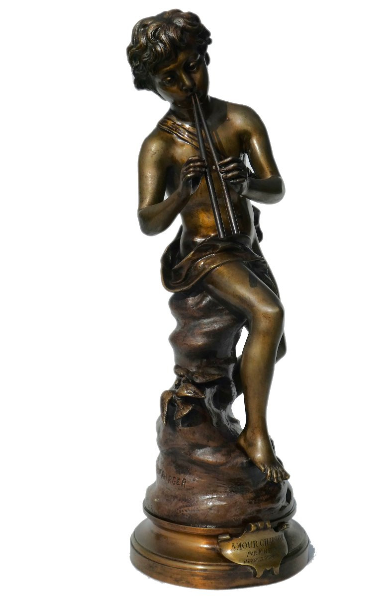 Bronze Charming Love By Kinsburger, 19th Century, Child With Flute, Napoleon III, Sculpture-photo-2