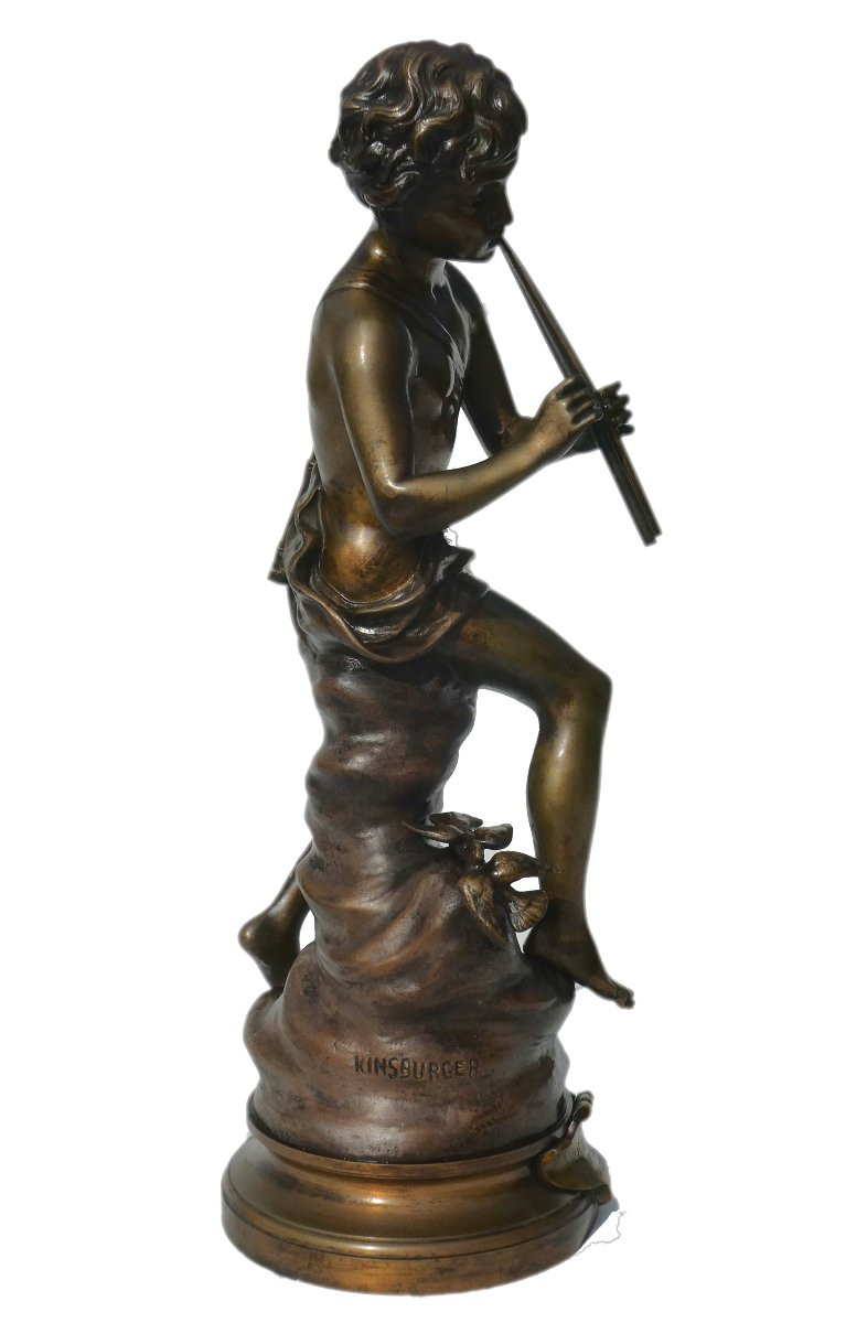 Bronze Charming Love By Kinsburger, 19th Century, Child With Flute, Napoleon III, Sculpture-photo-4