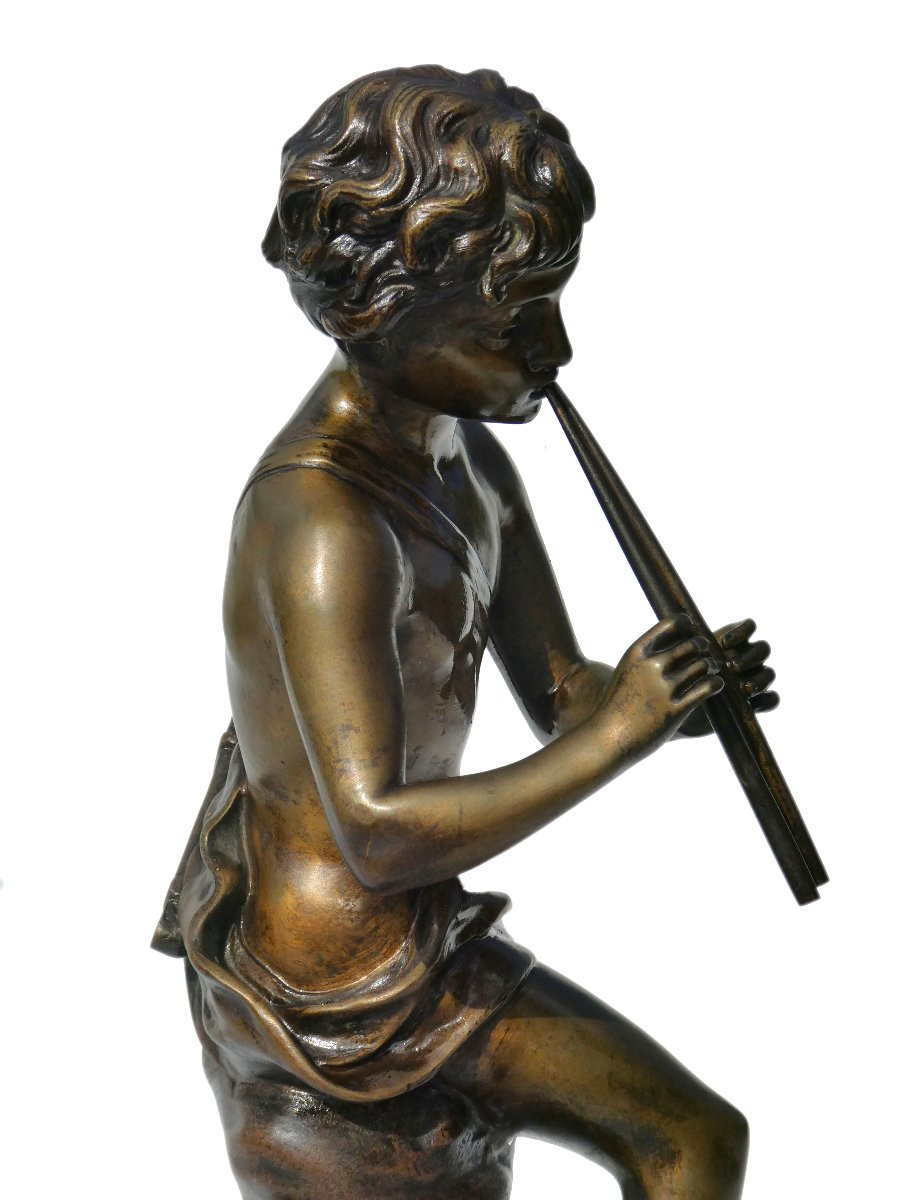 Bronze Charming Love By Kinsburger, 19th Century, Child With Flute, Napoleon III, Sculpture-photo-5